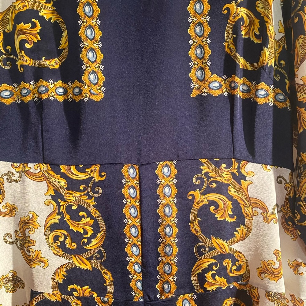 Classy Rayon Navy Blue, Gold & White Dress Size Large